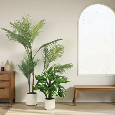 Floral decoration - Artificial palm, 13 leaves, white plastic pot - LIGNE DÉCO