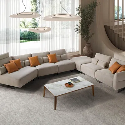 Sofas - Right-hand modular chaise longue sofa in sand fabric - ANGEL CERDÁ