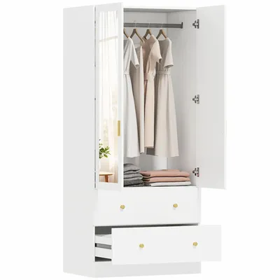 Wardrobe - HOMCOM Wardrobe with mirror, 2 doors, 2 drawers - AOSOM BUSINESS