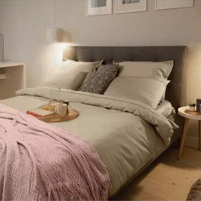 Linge de lit - Parure de lit double, 100 % satin de coton, taupe - DILIOS