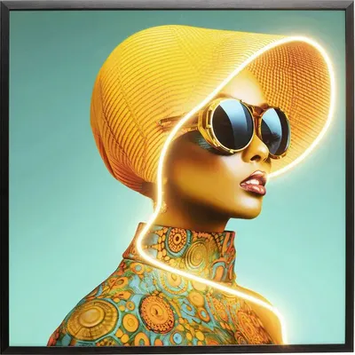 Photos d'art - Tableau encadré LED Chapeau de soleil Femme Jaune 80x80cm - KARE DESIGN