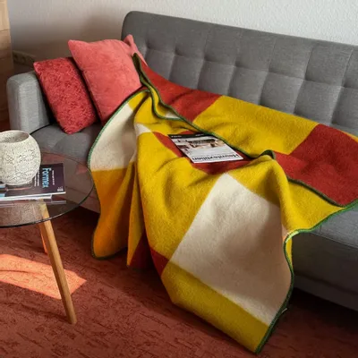 Throw blankets - Wool blanket plaid, Tricolor Square Spicy Mustard Chili - WOOL ONLY BY JOWOLLINA