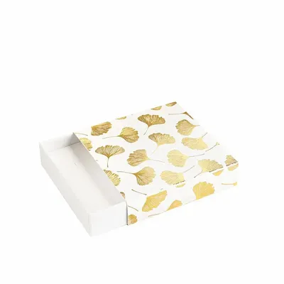 Cadeaux - Écrin vide-poche blanc, à tiroir - Motifs ginkgos dorure à chaud dorée - LAVAL 1878