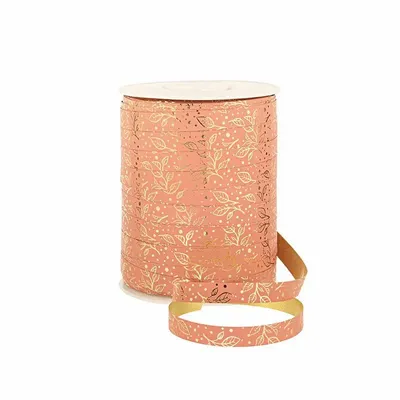 Gifts - Matte peach pink ribbon printed with small, shiny gold leaves - LAVAL 1878