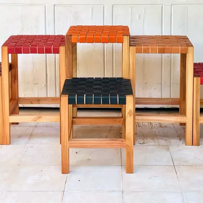Chairs for hospitalities & contracts - High wooden stool with woven leather. - SOL & LUNA