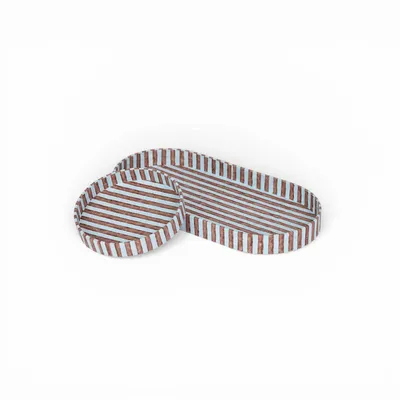 Objets de décoration - BLOCK PRINTED ROUND DESK TRAY SET - CLASSIC STRIPE BLUE/BROWN - CRAFT BOAT