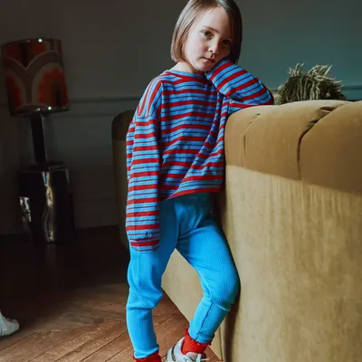 Children's apparel - Blue and red striped Oolong T-shirt - POUDRE ORGANIC