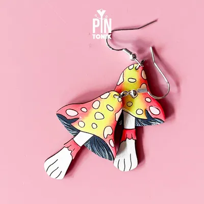 Jewelry - Neon Mushroom Earrings - Wooden Cottagecore Jewelry with Sterling Silver - PINTONIK