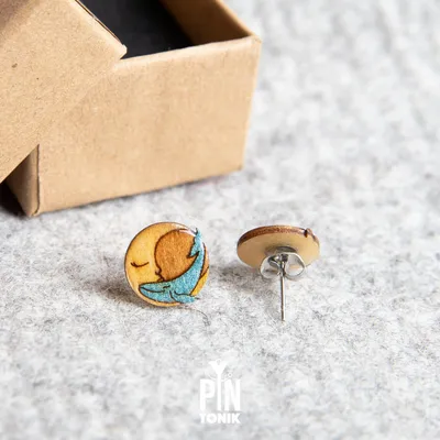 Jewelry - Whale and Crescent Moon Stud Earrings - Whimsical Ocean Jewelry - Whale Christmas Stocking Stuffer - PINTONIK