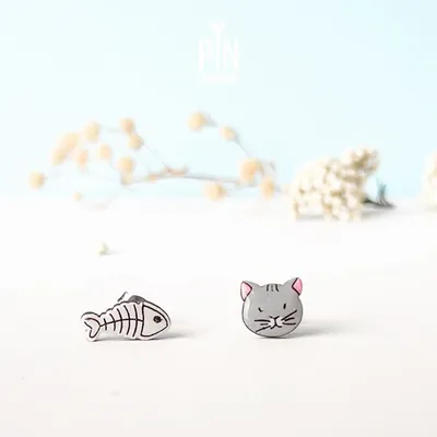 Jewelry - Mismatched Cat & Fish Skeleton Stud Earrings - Funny Wood Jewelry - PINTONIK