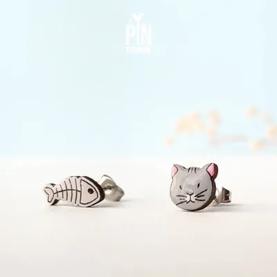 Jewelry - Mismatched Cat & Fish Skeleton Stud Earrings - Funny Wood Jewelry - PINTONIK