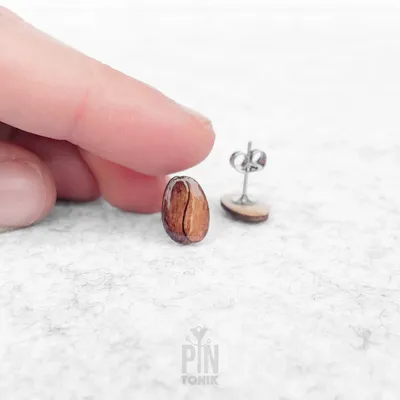 Jewelry - Wooden Coffee Bean Stud Earrings - Stainless Steel Base - PINTONIK