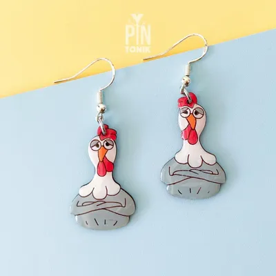 Bijoux - Boucles d'oreilles poule - Pendentifs poule rigolotes - Bois et argent sterling - PINTONIK