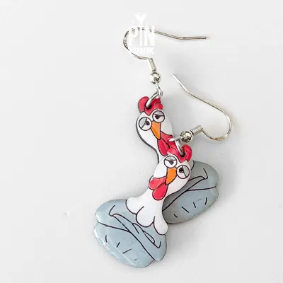 Bijoux - Boucles d'oreilles poule - Pendentifs poule rigolotes - Bois et argent sterling - PINTONIK