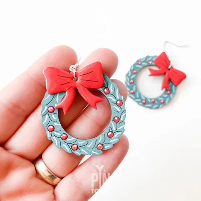 Jewelry - Wood Christmas Wreath Earrings - Sterling Silver Holiday Dangles - PINTONIK