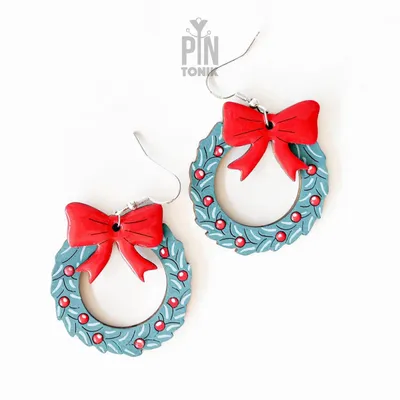 Jewelry - Wood Christmas Wreath Earrings - Sterling Silver Holiday Dangles - PINTONIK