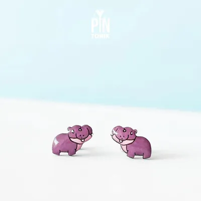 Jewelry - Pygmy Hippo Stud Earrings - Wooden Baby Hippopotamus, Stainless Steel - PINTONIK