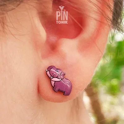 Jewelry - Pygmy Hippo Stud Earrings - Wooden Baby Hippopotamus, Stainless Steel - PINTONIK