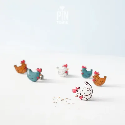 Bijoux - Boucles d'oreilles à clous en forme de poulet rigolo - Bijoux en bois pour maman poule - PINTONIK