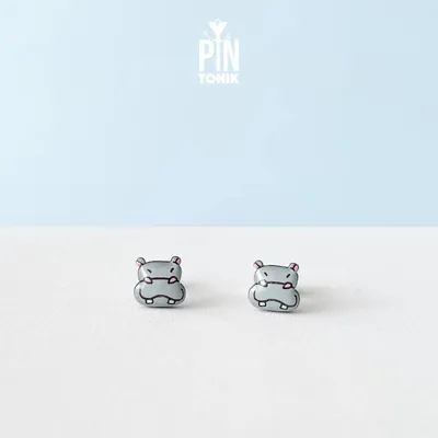 Jewelry - Pygmy Hippo Stud Earrings: Wooden Baby Hippopotamus, Stainless Steel - PINTONIK