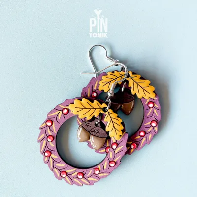 Jewelry - Fall Wreath Dangle Earrings - Acorn Leaves Whimsical Autumn Jewelry - Cozy Cottagecore Earrings - PINTONIK