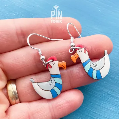 Bijoux - Boucles d'oreilles mouette - Bois peint original et argent sterling - Bijoux nautiques - PINTONIK