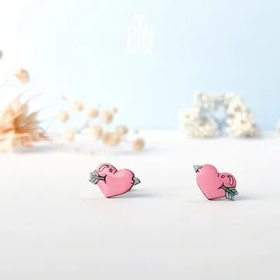 Jewelry - Pink Heart Stud Earrings - Wooden Love Arrow Jewelry - PINTONIK