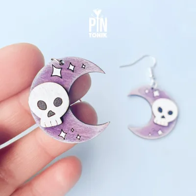 Jewelry - Crescent Moon with Skull Earrings - Spooky Halloween Costume Jewelry - Witchy Gifts - PINTONIK
