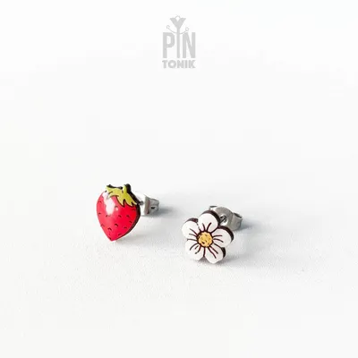 Jewelry - Mismatched Strawberry Earrings - Wood & Stainless Steel Studs - PINTONIK