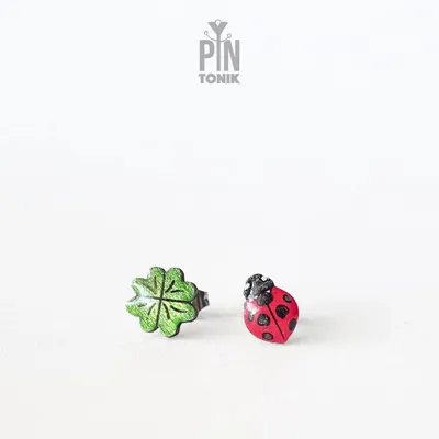 Jewelry - Good Luck Ladybug Earrings - Ladybird Beetle Stud Earrings - Tiny Insect Jewelry - Four Leaf Clover - PINTONIK