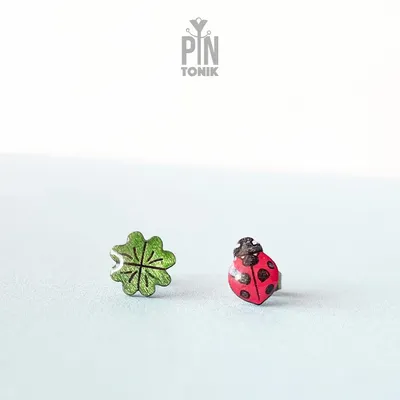 Jewelry - Good Luck Ladybug Earrings - Ladybird Beetle Stud Earrings - Tiny Insect Jewelry - Four Leaf Clover - PINTONIK