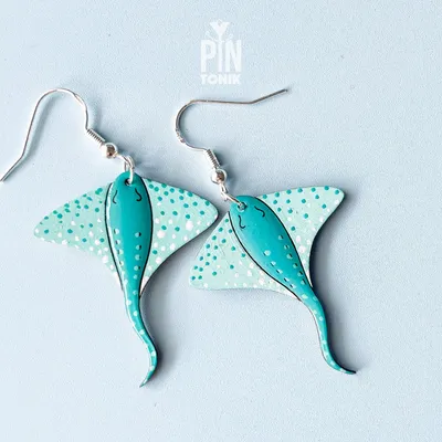 Jewelry - Mint Stingray Earrings - Sea Life Wooden Manta Ray - Sterling Silver - PINTONIK
