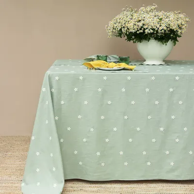 Table linen - Embroidered Linen Tablecloth | PRATOLINE Sage Green - GIARDINO SEGRETO