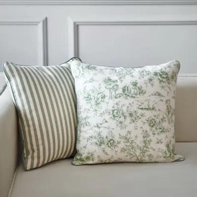 Fabric cushions - Toile de Jouy Green Decorative Cushion Cover - Textile Collection - ROSEBERRY HOME