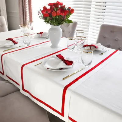 Linge de table textile - Chemin de table Rayures – Ruban rouge (Style bistrot français) - ROSEBERRY HOME