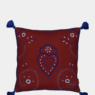 Cushions - Hand-Embroidered Viana Bordeaux Linen with Blue Embroidery Cushion - HOUSE OF CAPRICORN
