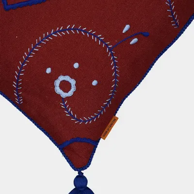 Cushions - Hand-Embroidered Viana Bordeaux Linen with Blue Embroidery Cushion - HOUSE OF CAPRICORN