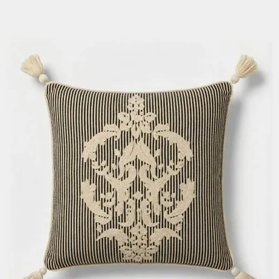 Coussins - Bourbon Black Stripped Cotton and Chenille Embroidered Cushion - HOUSE OF CAPRICORN