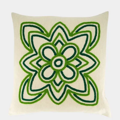 Cushions - Handmade Florea Natural Linen and Green Embroidered Cushion - HOUSE OF CAPRICORN