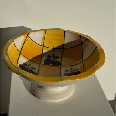 Bowls - Large yellow pedestal fruit bowl with plum pattern H15 D29 - OFFICE OBJETS