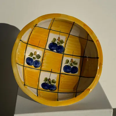 Bowls - Large yellow pedestal fruit bowl with plum pattern H15 D29 - OFFICE OBJETS