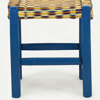 Tabourets - Handmade Coruche Blue Wood and Multicoloured Reed Stool - HOUSE OF CAPRICORN
