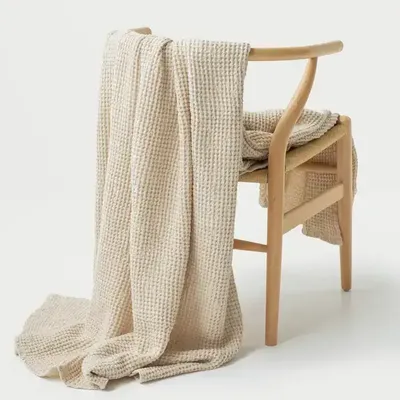 Throw blankets - Linen waffle throw blanket in Vanilla - MAGICLINEN
