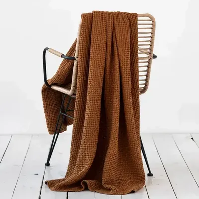 Throw blankets - Linen waffle throw blanket in Beige - MAGICLINEN