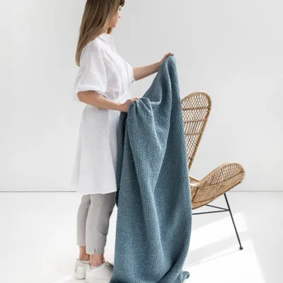 Throw blankets - Linen waffle throw blanket in Gray blue - MAGICLINEN