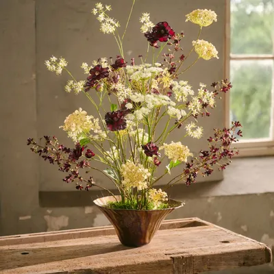 Décorations florales - Bouquet d'hortensias en soie artificielle en blanc, vert et bordeaux - SILK-KA BV