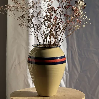 Vases - Large beige vase with blue and pink border H27 D21 - OFFICE OBJETS