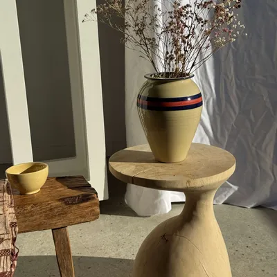 Vases - Large beige vase with blue and pink border H27 D21 - OFFICE OBJETS