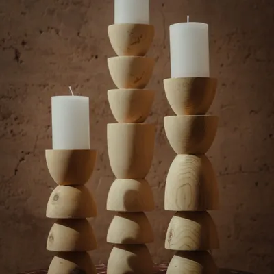 Decorative objects - SELMAR Candleholder Trio — handcrafted in cedar wood carved by hand - LOULE INTERIEUR