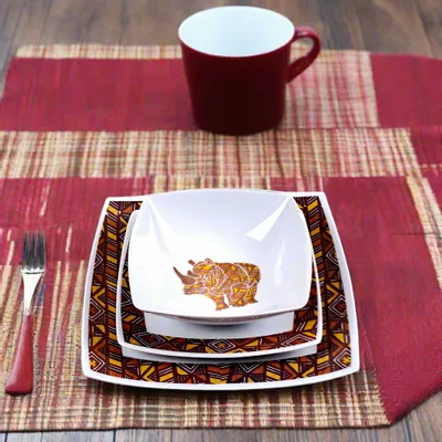 Cadeaux - Édition Limitée : Coffret de 6 Assiettes Carrées en Porcelaine Française Personnalisables – Motif Bogolan & Rhinocéros, Artisanat Unique - KEMI HOME ART